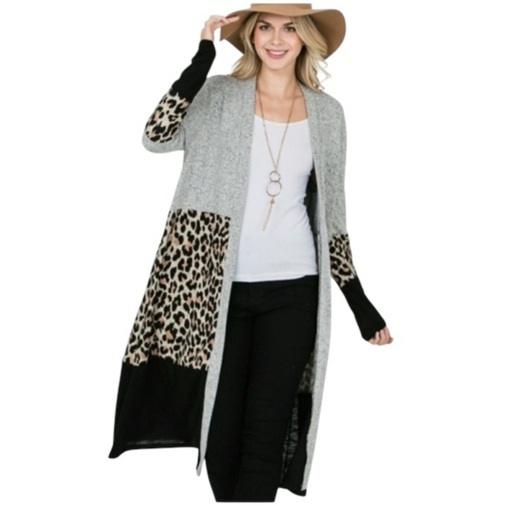 Long cardigan leopard print Open Front Cardigan Sweater gray A-line